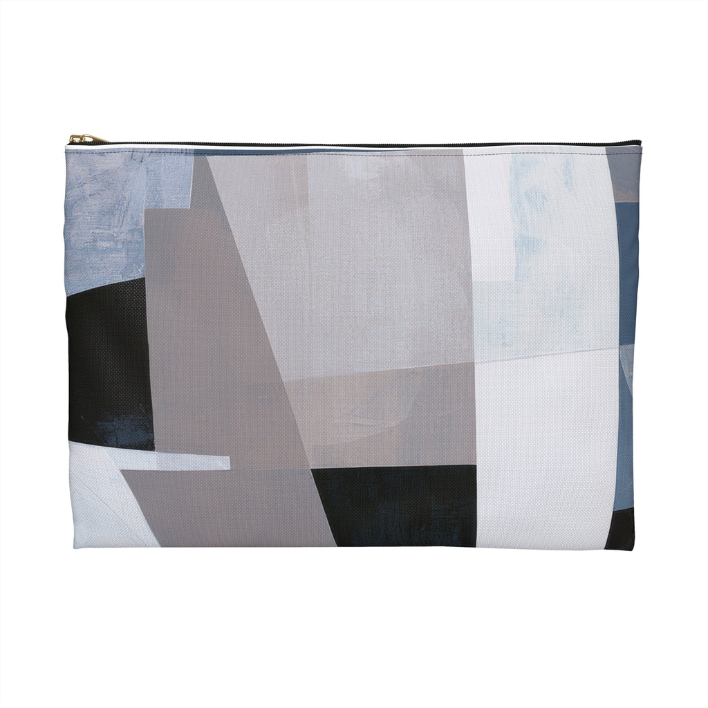 A rectangular zippered pouch with an abstract geometric print in shades of gray, white, black, and light blue, shown against a plain white background.