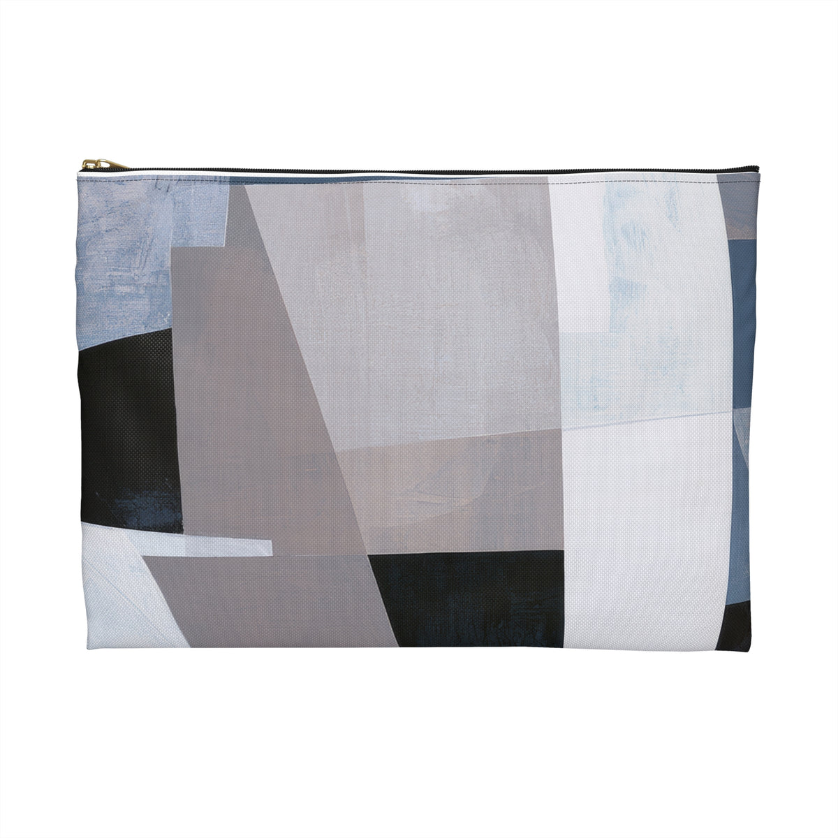 A rectangular zippered pouch with an abstract geometric print in shades of gray, white, black, and light blue, shown against a plain white background.