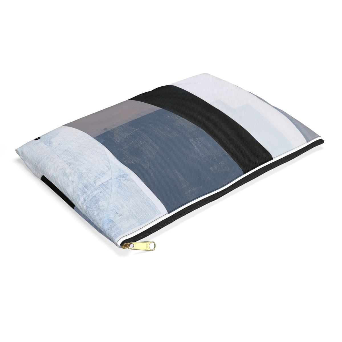 A rectangular zippered pouch with an abstract geometric print in shades of blue, gray, black, and white, featuring a gold zipper pull, shown on a plain white background.