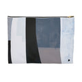 A rectangular zippered pouch featuring an abstract geometric pattern with vertical stripes in black, white, light blue, and gray, complete with a gold zipper pull.