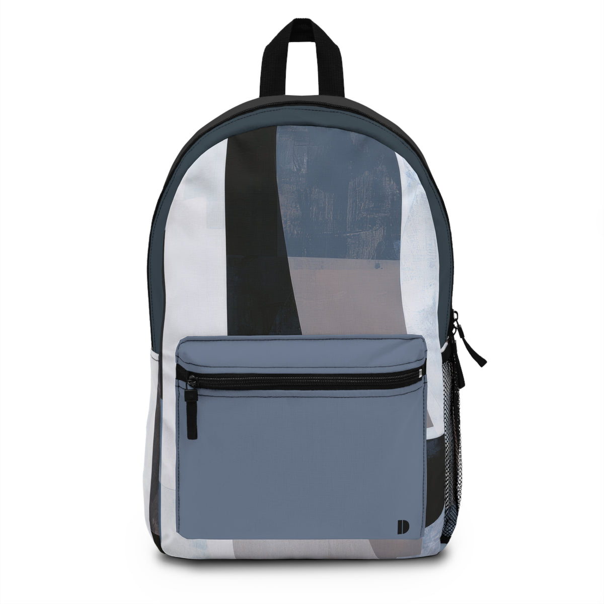 A backpack with a modern abstract color-blocked design in shades of slate blue, gray, black, and white. It features a large front zippered pocket, a top carry handle, and a side mesh pocket, shown against a plain white background.