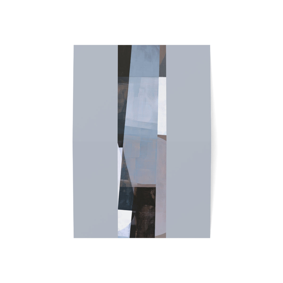 An abstract art print greeting card featuring vertical geometric panels in shades of gray, blue, white, and black, displayed against a clean white background.