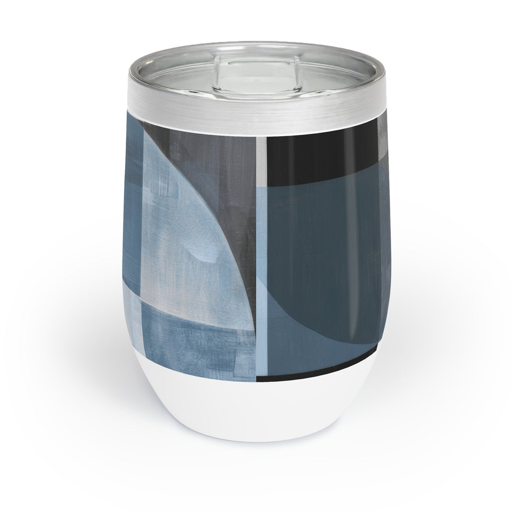A stainless steel insulated wine tumbler with a clear lid, featuring an abstract geometric pattern in shades of blue, gray, black, and white.