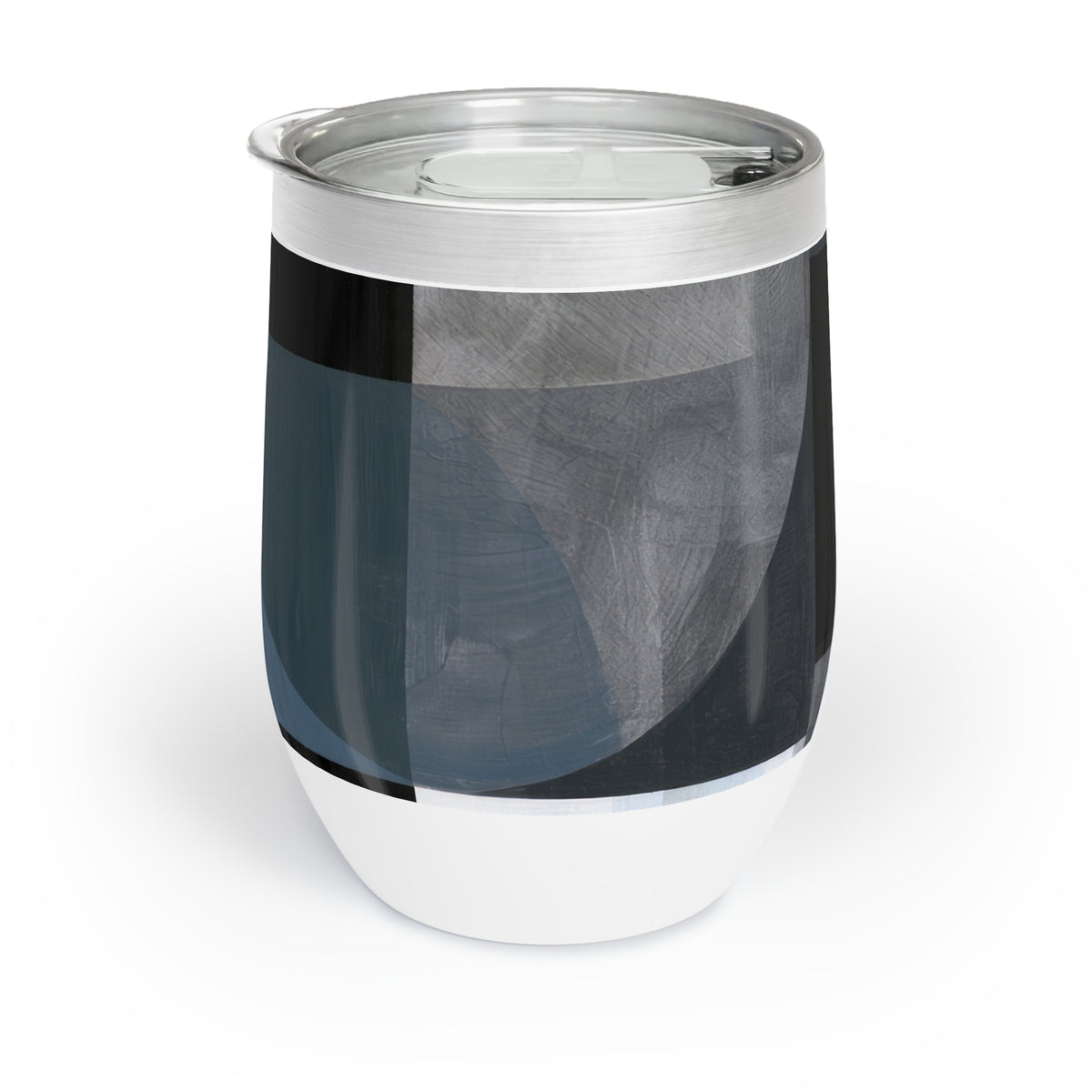 A stainless steel insulated wine tumbler with a clear lid, featuring an abstract geometric pattern in slate blue, black, and gray, with a white base.