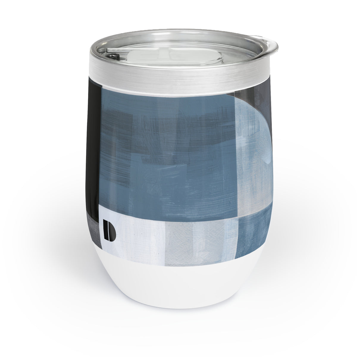 A stainless steel insulated wine tumbler with a clear lid and a wrap-around abstract print in shades of blue, gray, white, and black, shown on a clean white background.