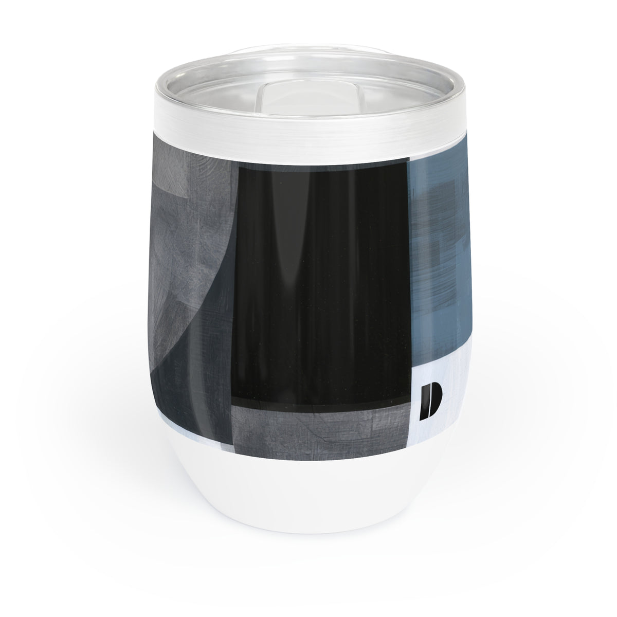 A stainless steel can-shaped tumbler with a clear lid, featuring an abstract geometric pattern in black, gray, and slate blue on a white base, shown on a clean white background.