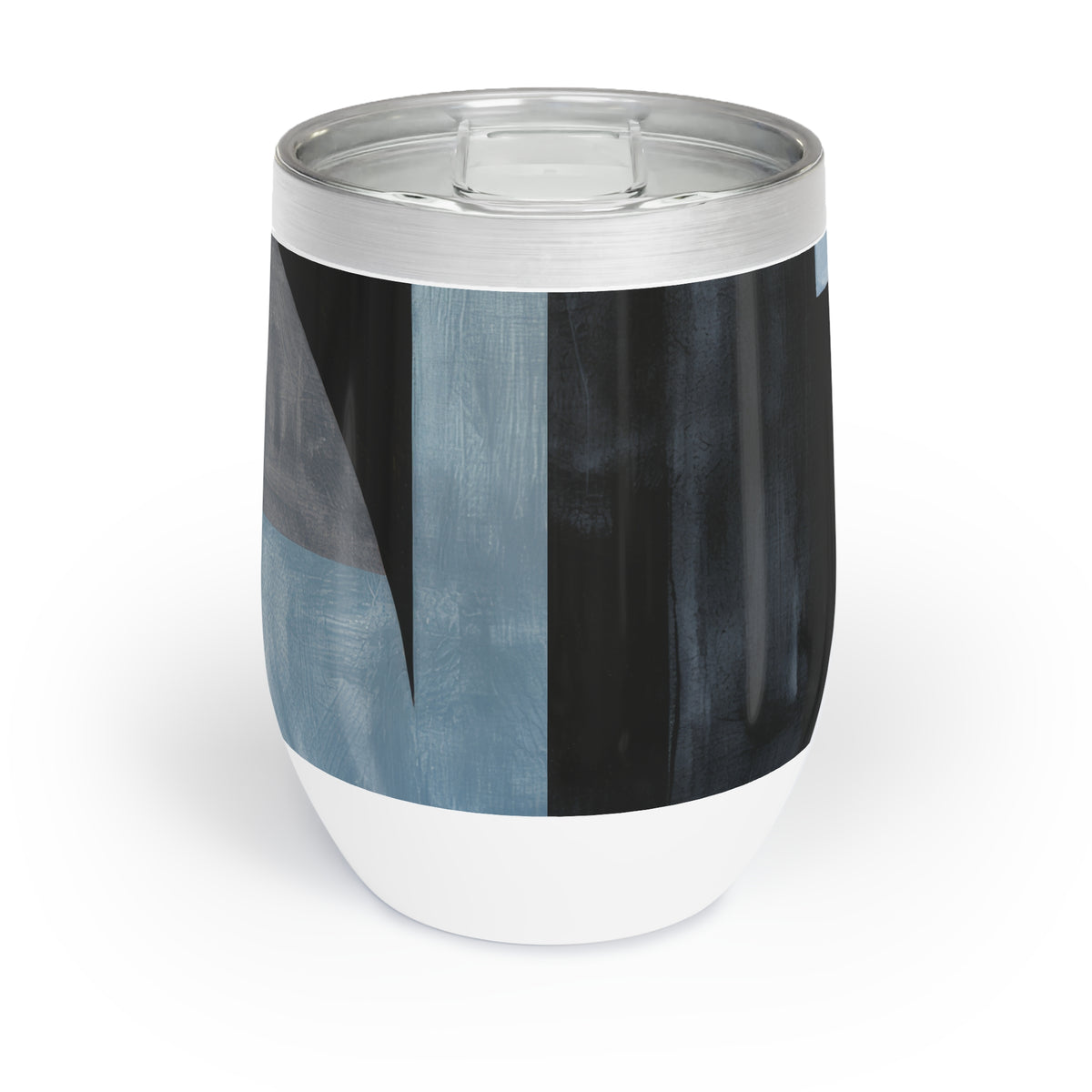 A stemless wine tumbler with a clear plastic lid and a white base, featuring an abstract geometric pattern in slate blue, black, and gray on the wrap-around body.