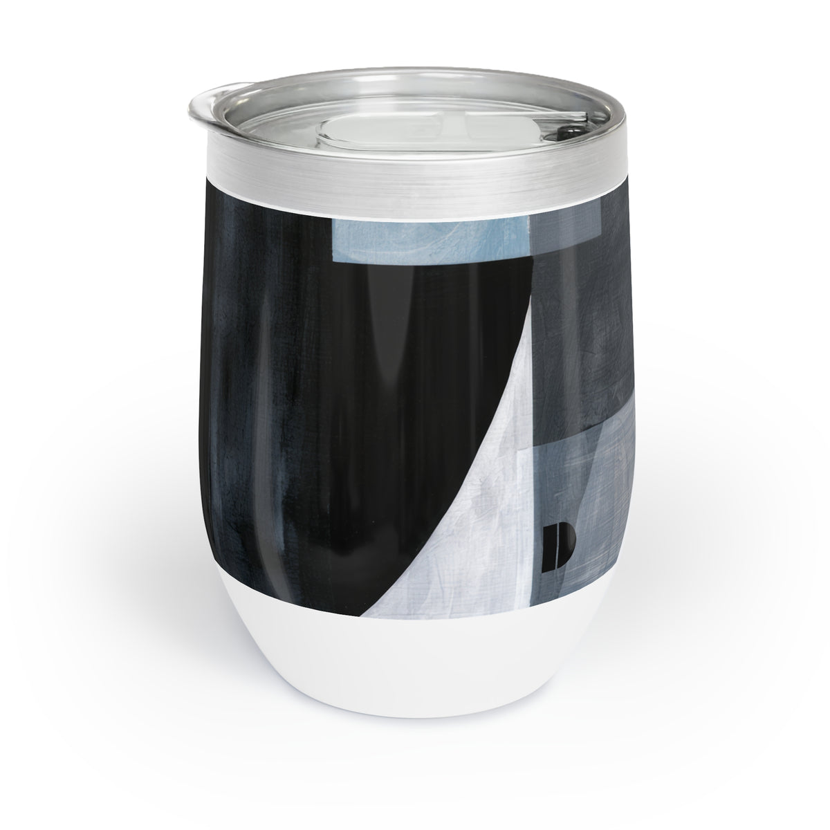 A stainless steel insulated tumbler with a clear lid and a modern abstract geometric print in black, white, and gray, shown on a clean white background.