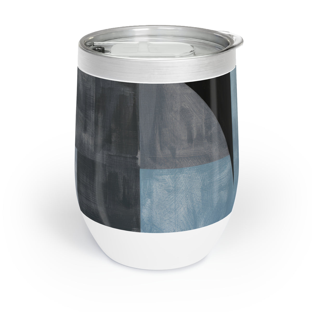 A 12 oz insulated stainless steel wine tumbler with a clear lid and a modern abstract geometric print in black, gray, and blue, set against a clean white background.