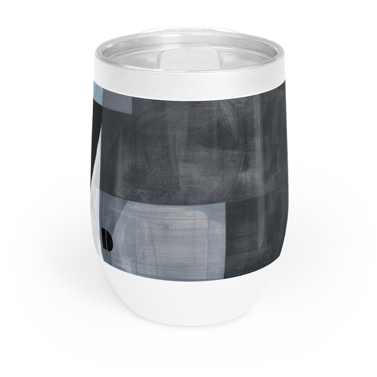 A stainless steel can-shaped tumbler with a clear lid, featuring an abstract geometric pattern in black, gray, and white on the body, set against a plain white background.