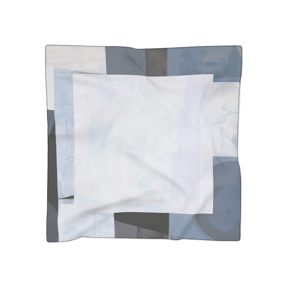 A square scarf featuring an abstract geometric pattern with blocks of light blue, slate blue, white, and charcoal gray, presented flat against a solid white background.