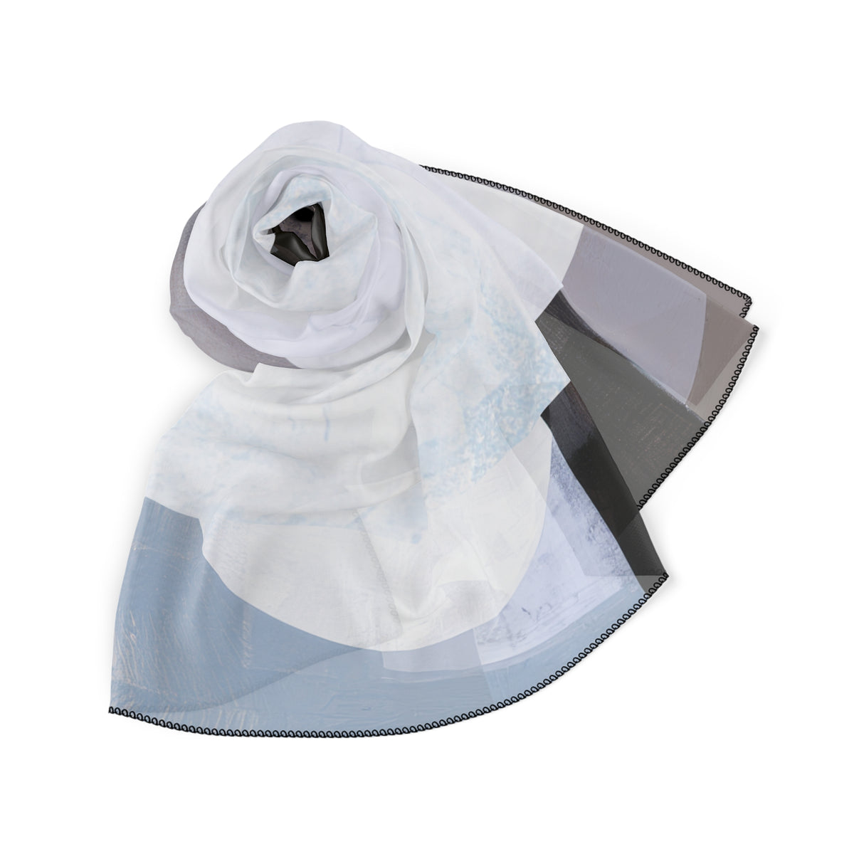 A lightweight square scarf draped in a loose spiral, featuring a white and light blue abstract watercolor pattern with a dark gray border, set against a plain white background.