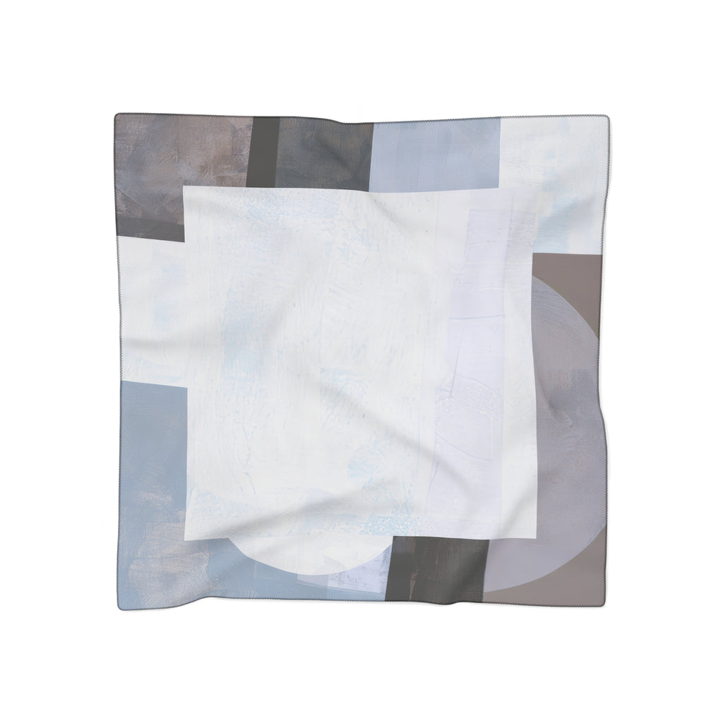 A square scarf with an abstract geometric pattern in shades of light blue, gray, taupe, and white, displayed flat against a solid white background.