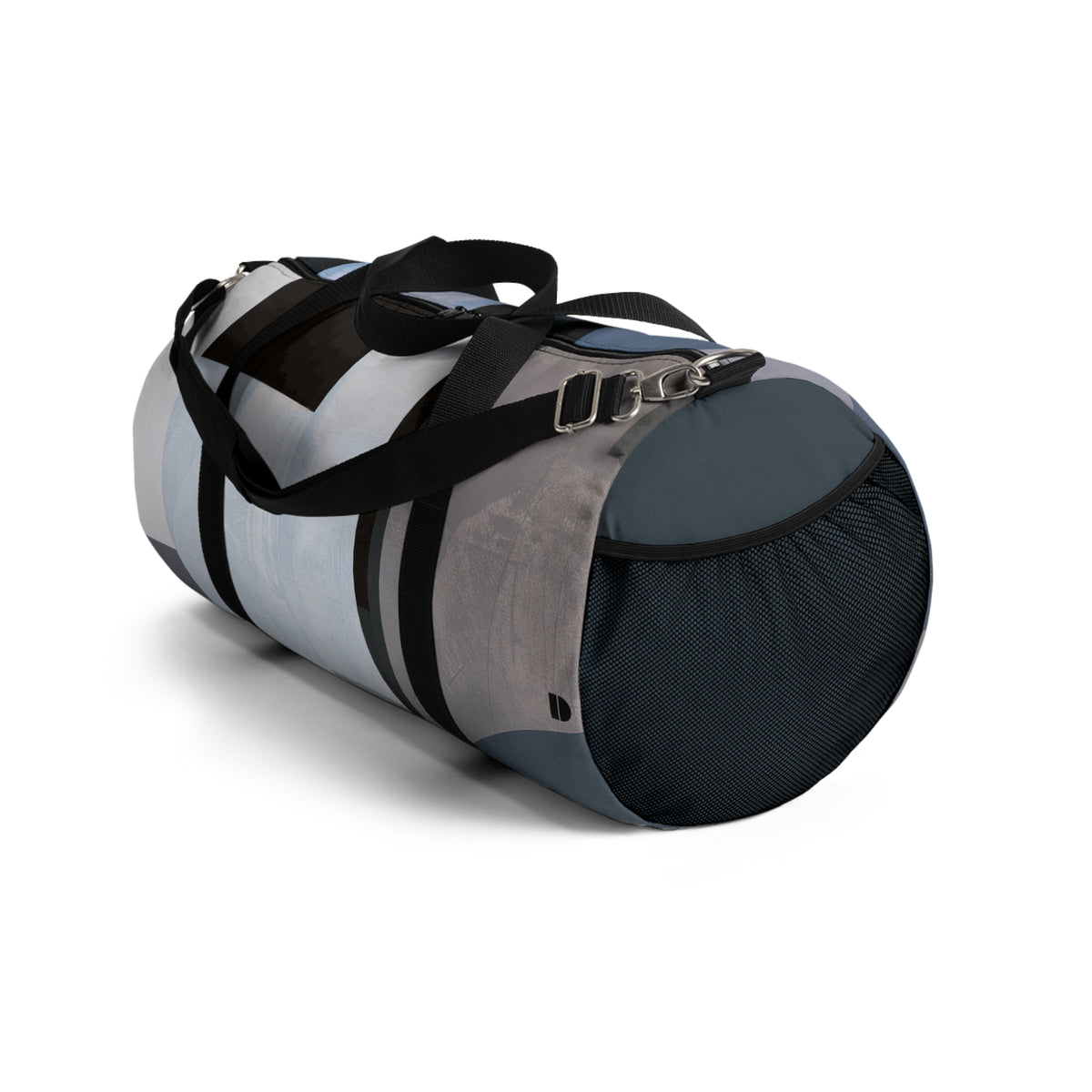A cylindrical duffel bag with a gray and white abstract pattern, black handles, and a black mesh pocket on the end, shown on a white background.