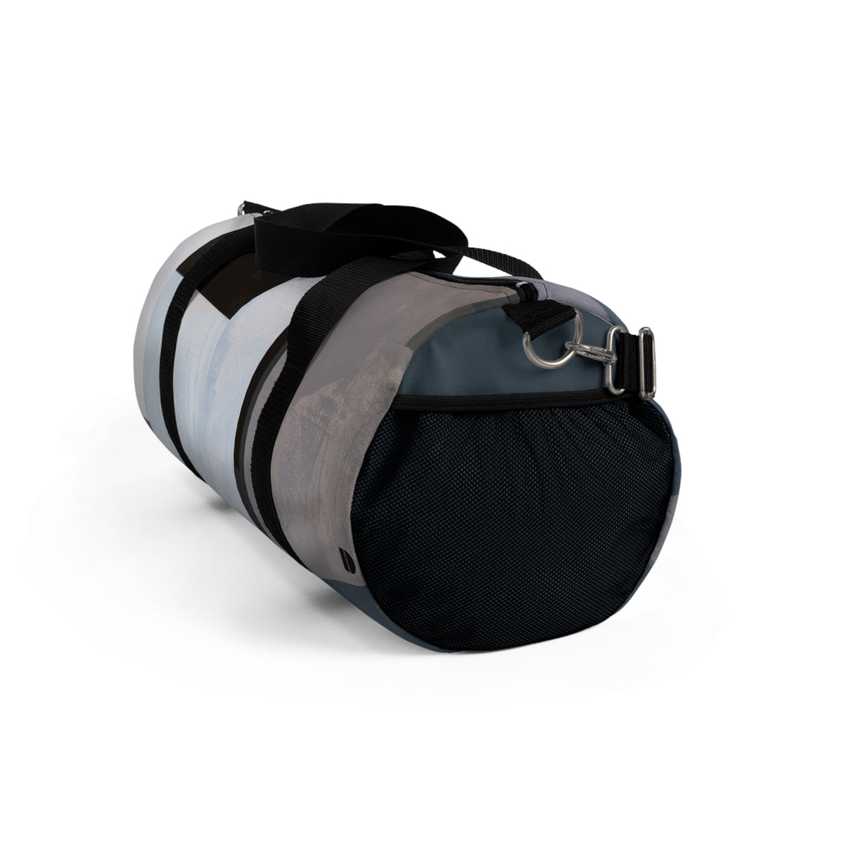 A cylindrical duffel bag with a gray and white abstract pattern, black handles, and a black mesh pocket on the end, shown on a white background.
