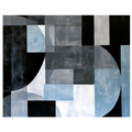 Abstract geometric painting with prominent black semi-circles on the left and right sides, layered over a grid of slate gray, soft blue, and bright white squares with a visible painterly texture. Art print titled 'Slate and Blue I', available in sizes 8x10 and 16x20.