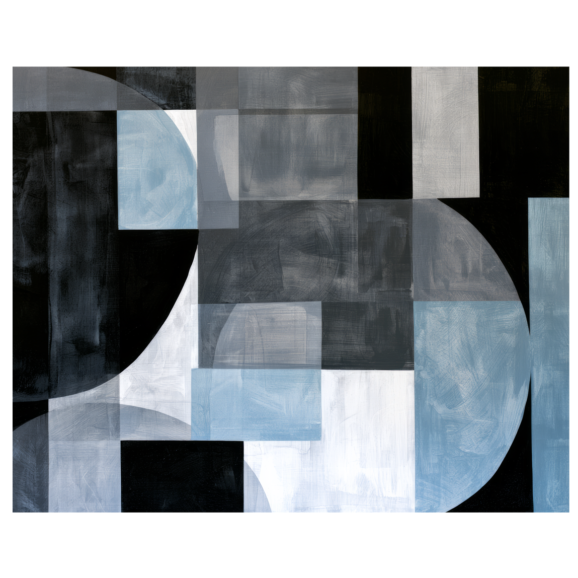 Abstract geometric painting with prominent black semi-circles on the left and right sides, layered over a grid of slate gray, soft blue, and bright white squares with a visible painterly texture. Art print titled 'Slate and Blue I', available in sizes 8x10 and 16x20.