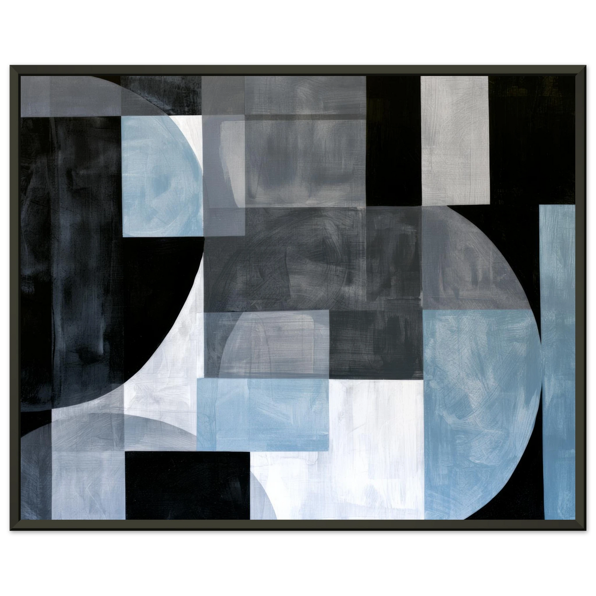 Abstract geometric print in black metal frame with overlapping rectangles and large circular shapes in shades of slate gray, black, off-white, and muted blue with visible brushstroke textures. Art print titled 'Slate and Blue I', available in size 16x20.