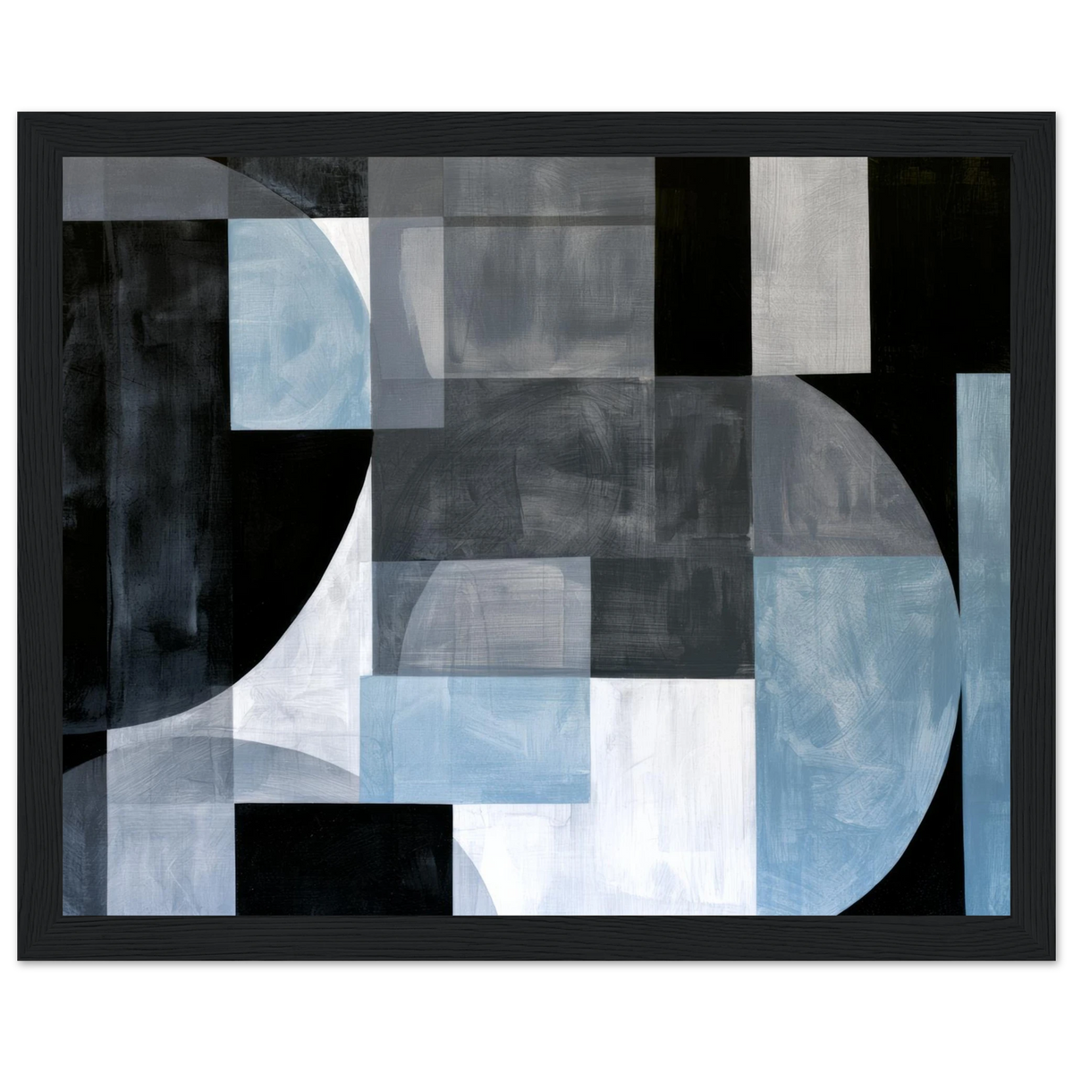 Abstract geometric painting in black wooden frame with overlapping rectangles and large circular shapes in shades of slate gray, black, off-white, and muted blue with visible brushstroke textures. Art print titled 'Slate and Blue I', available in sizes 8x10 and 16x20.