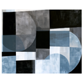 Abstract geometric painting featuring a large gray circular form on the upper left, an intersecting light blue semi-circle on the lower right, and a stark black square in the absolute center. Art print titled 'Slate and Blue II', available in sizes 8x10 and 16x20.