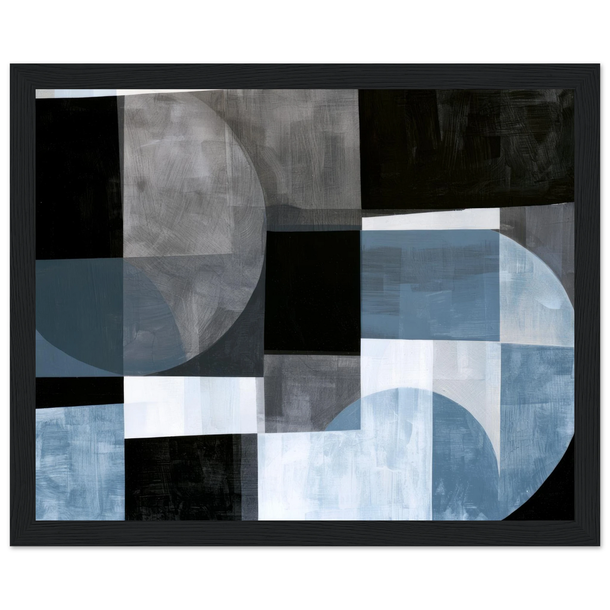 Abstract geometric painting in a black wooden frame featuring a large gray circular form on the upper left, an intersecting light blue semi-circle on the lower right, and a stark black square in the absolute center. Art print titled 'Slate and Blue II', available in sizes 8x10 and 16x20.