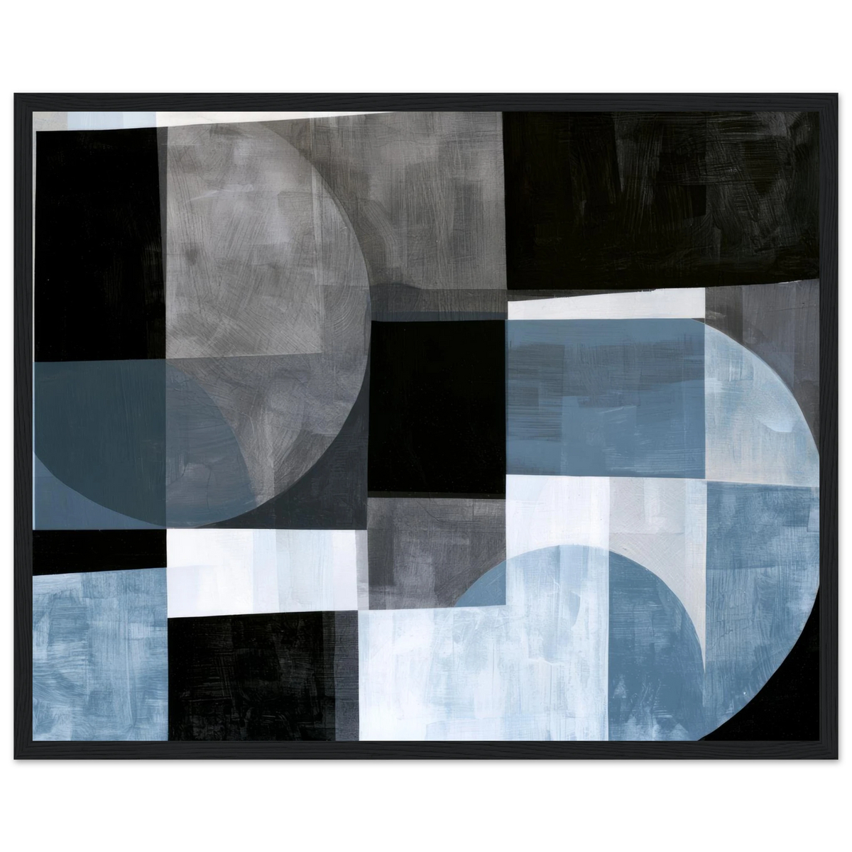 Abstract geometric painting in a black wooden frame featuring a large gray circular form on the upper left, an intersecting light blue semi-circle on the lower right, and a stark black square in the absolute center. Art print titled 'Slate and Blue II', available in sizes 8x10 and 16x20.