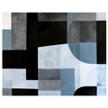 Abstract geometric painting dominated by heavy black rectangular columns on the left and a large, soft denim blue semi-circle sweeping down the right side over a pale ice-blue backdrop. Art print titled 'Slate and Blue III', available in sizes 8x10 and 16x20.