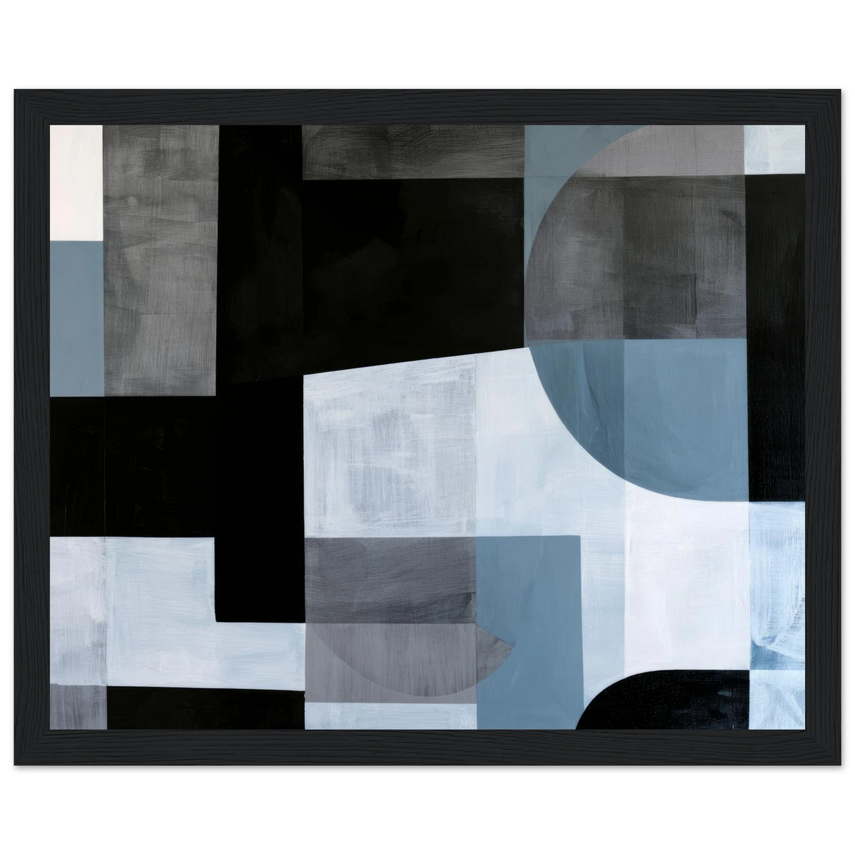 Abstract geometric painting in a black wooden frame dominated by heavy black rectangular columns on the left and a large, soft denim blue semi-circle sweeping down the right side over a pale ice-blue backdrop. Art print titled 'Slate and Blue III', available in sizes 8x10 and 16x20.