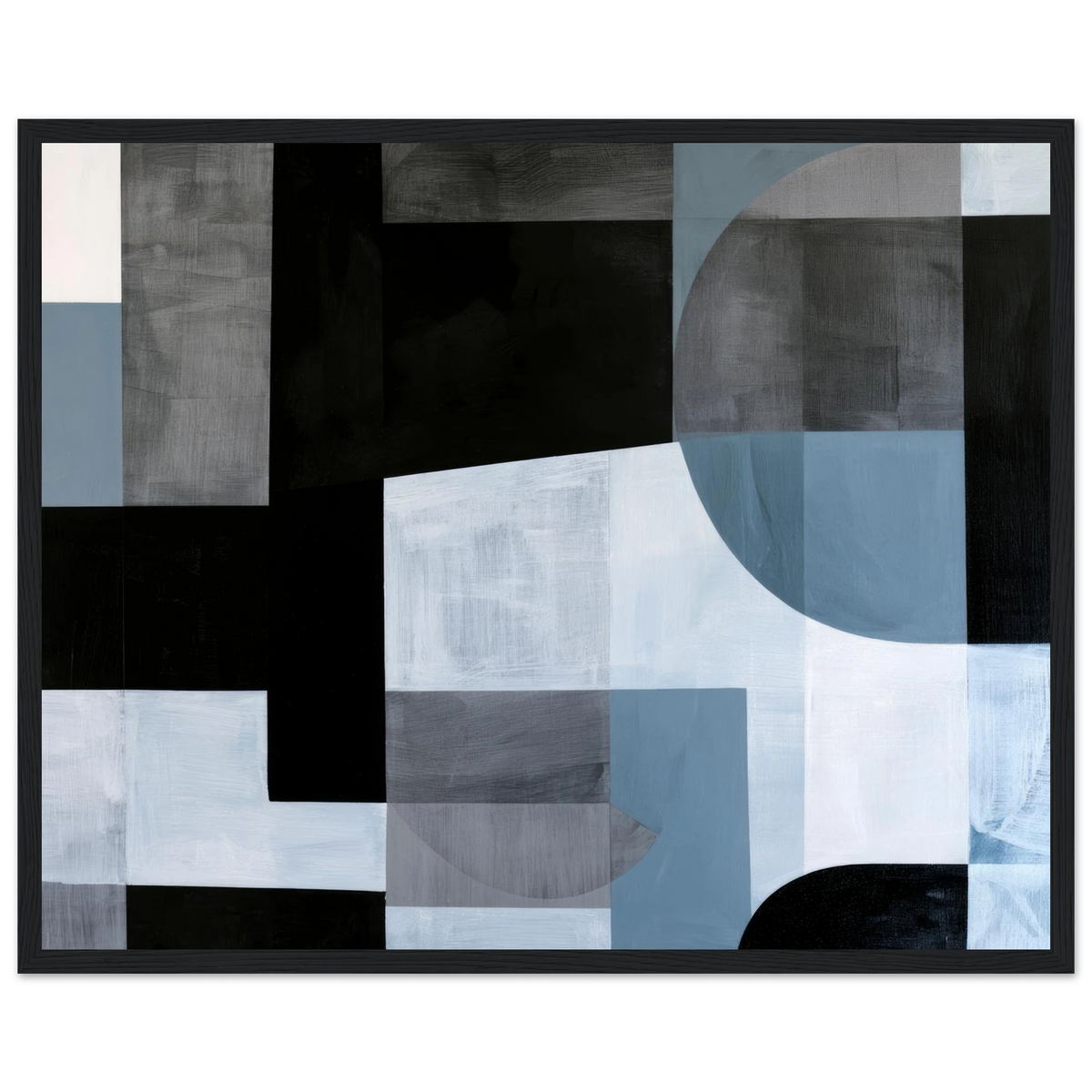 Abstract geometric painting in a black wooden frame dominated by heavy black rectangular columns on the left and a large, soft denim blue semi-circle sweeping down the right side over a pale ice-blue backdrop. Art print titled 'Slate and Blue III', available in sizes 8x10 and 16x20.