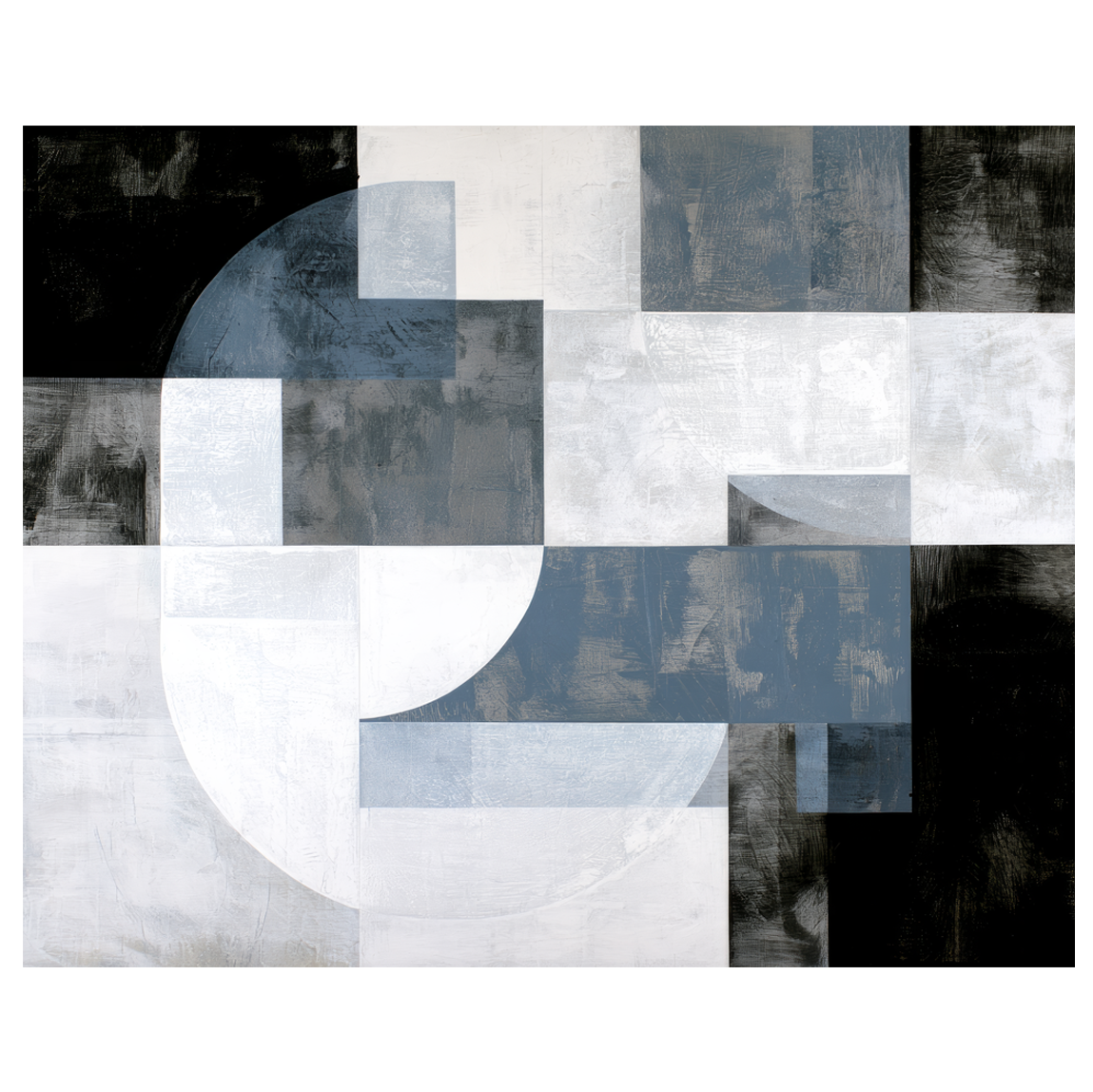 Abstract geometric painting focusing on a large, central off-white circular curve surrounded by highly textured blocks of charcoal, slate gray, and dusty navy blue tones. Art print titled 'Slate and Blue IV', available in sizes 8x10 and 16x20.