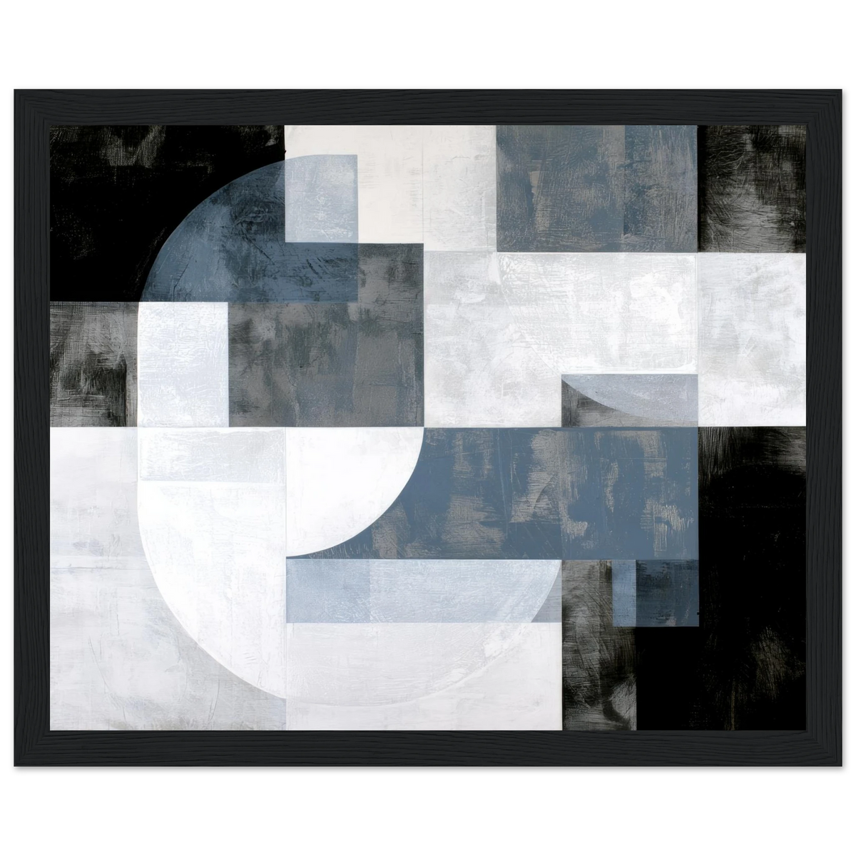 Abstract geometric painting in wooden frame focusing on a large, central off-white circular curve surrounded by highly textured blocks of charcoal, slate gray, and dusty navy blue tones. Art print titled 'Slate and Blue IV', available in sizes 8x10 and 16x20.