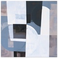 Abstract geometric painting showcasing a large white archway shape intersecting with a translucent blue circle, dark charcoal squares, and textured lavender-gray panels. Art print titled 'Slate and Blue IX', available in square sizes 12x12, 18x18, 20x20, and 28x28.