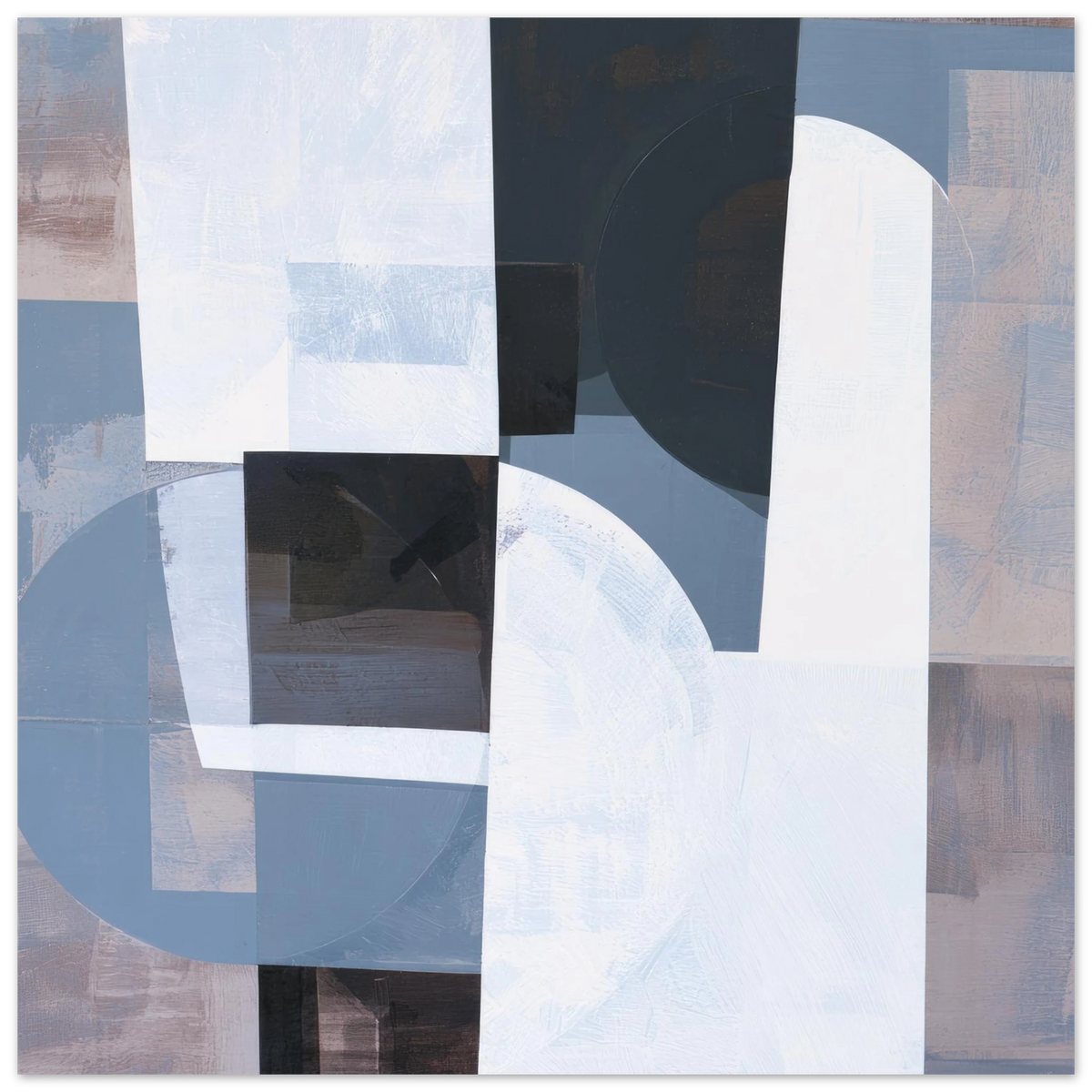 Abstract geometric painting showcasing a large white archway shape intersecting with a translucent blue circle, dark charcoal squares, and textured lavender-gray panels. Art print titled 'Slate and Blue IX', available in square sizes 12x12, 18x18, 20x20, and 28x28.