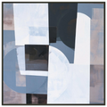 Abstract geometric painting in a black metal frame showcasing a large white archway shape intersecting with a translucent blue circle, dark charcoal squares, and textured lavender-gray panels. Art print titled 'Slate and Blue IX', available in square sizes 12x12, 20x20, and 28x28.