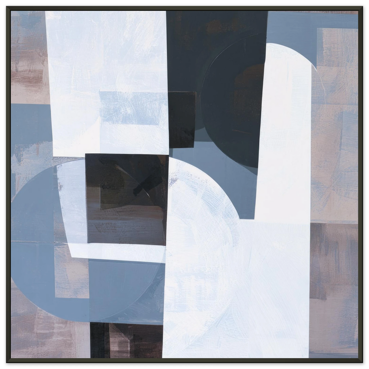 Abstract geometric painting in a black metal frame showcasing a large white archway shape intersecting with a translucent blue circle, dark charcoal squares, and textured lavender-gray panels. Art print titled 'Slate and Blue IX', available in square sizes 12x12, 20x20, and 28x28.
