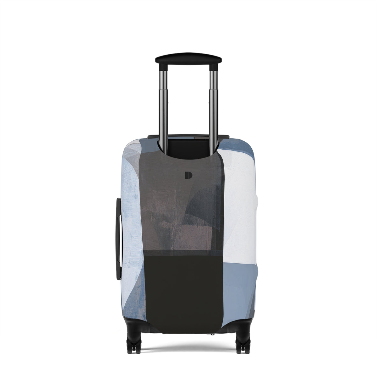 A hard-shell rolling suitcase with an extended telescoping handle and four wheels, covered in a geometric patchwork luggage sleeve featuring shades of blue, gray, black, and white.