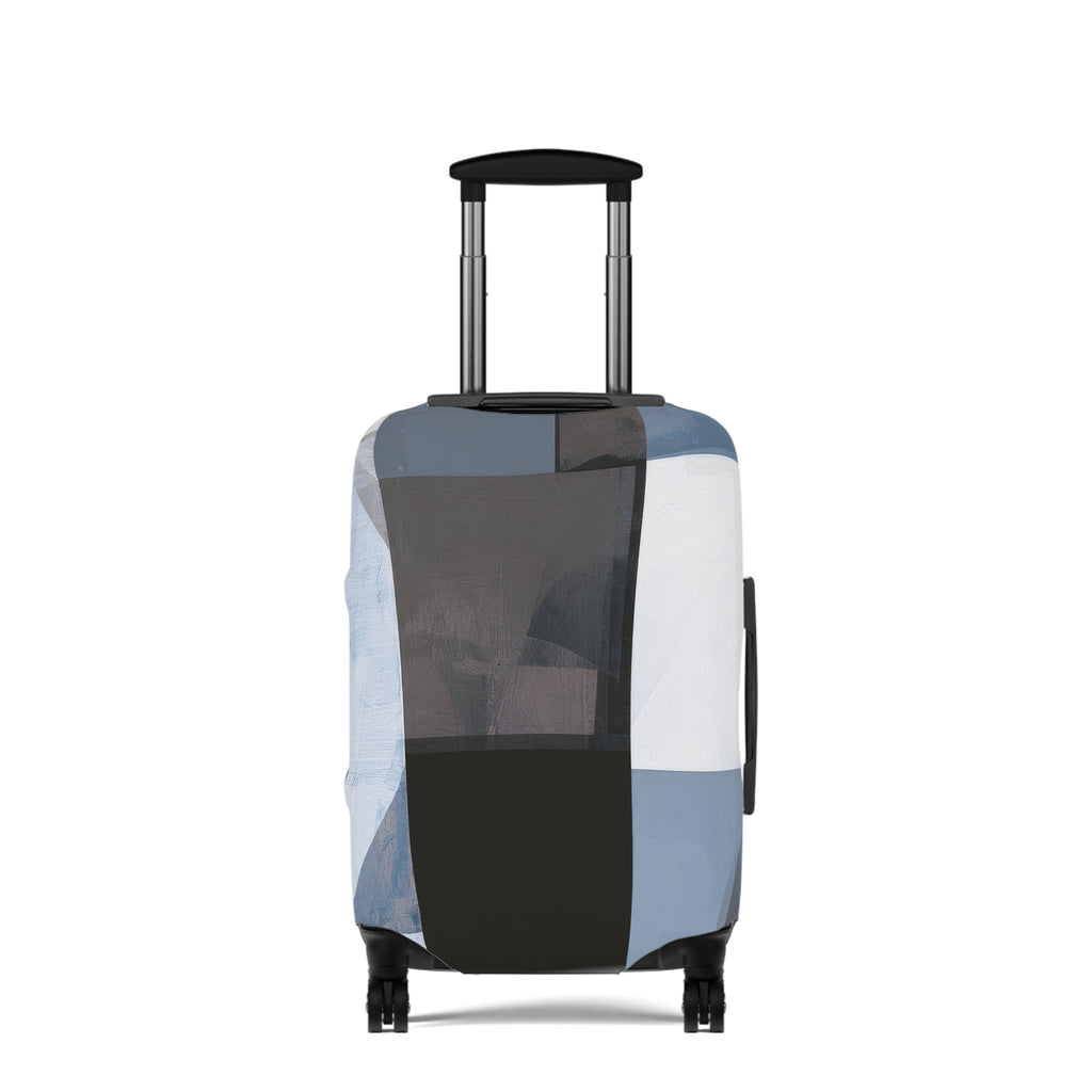 A hard-shell suitcase with an extended telescoping handle and four wheels, covered in a patchwork luggage sleeve featuring blocks of light blue, white, black, and gray, shown against a plain white background.