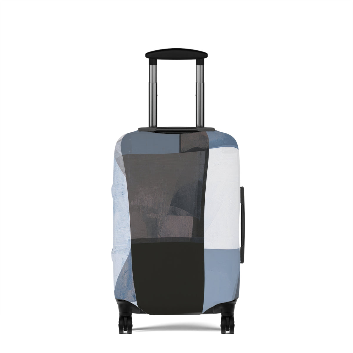 A hard-shell suitcase with an extended telescoping handle and four wheels, covered in a patchwork luggage sleeve featuring blocks of light blue, white, black, and gray, shown against a plain white background.