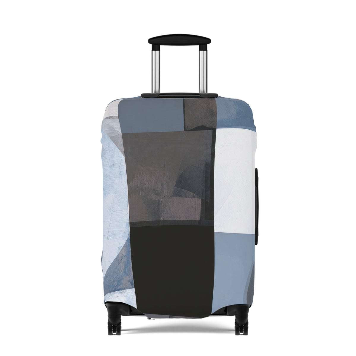 A hard-shell suitcase covered with an abstract geometric patchwork pattern luggage cover in shades of blue, gray, black, and white, featuring an extended telescoping handle and dual spinner wheels.