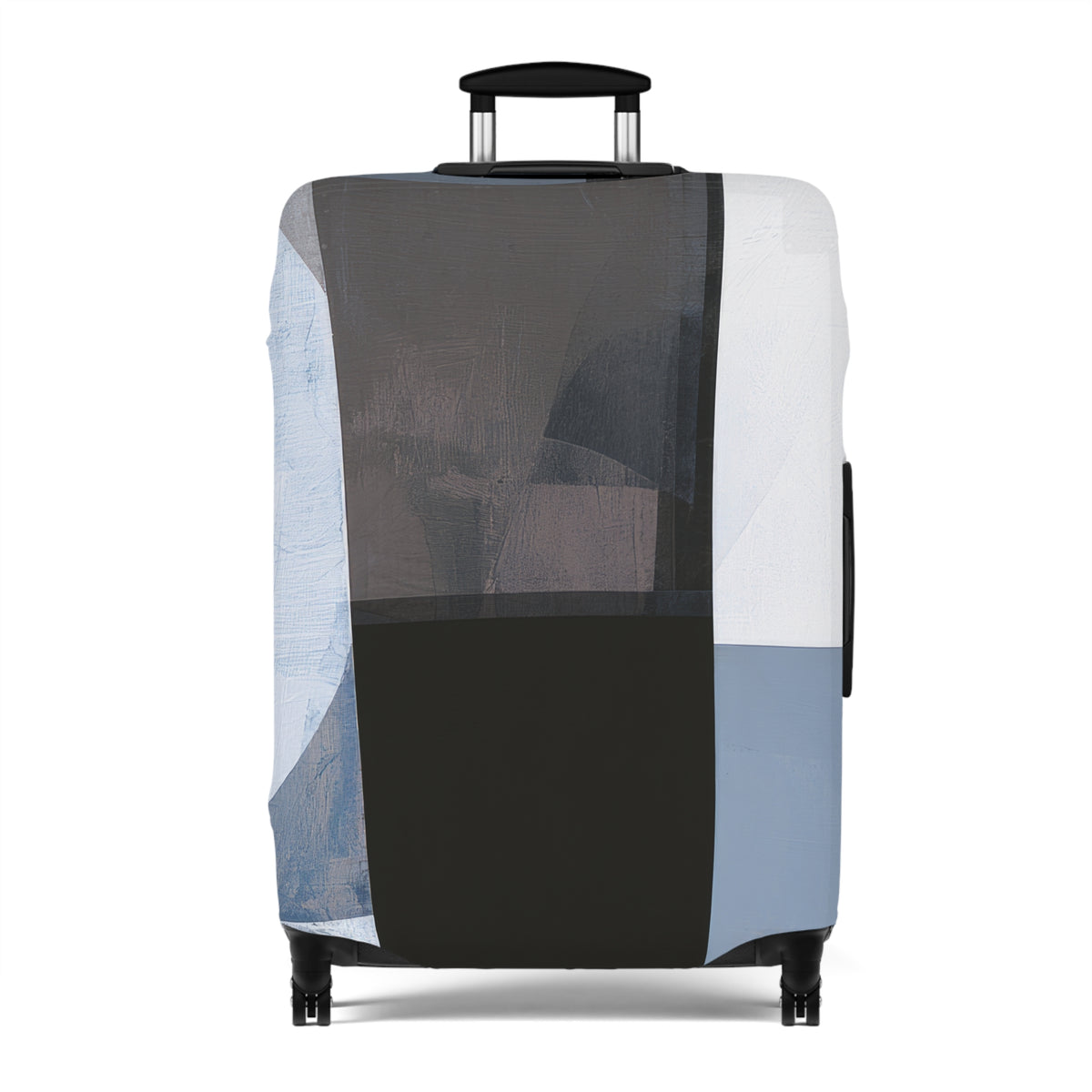 A hard-shell suitcase covered in an abstract geometric print luggage cover with blocks of black, gray, white, light blue, and dusty blue, shown on a white background.
