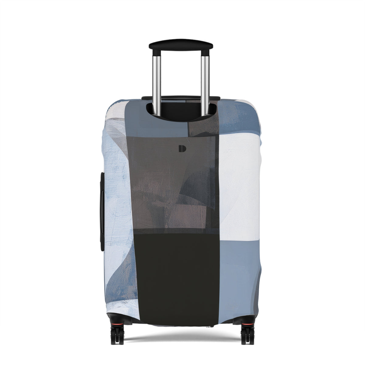 A hard-shell rolling suitcase with an abstract patchwork luggage cover in shades of blue, gray, black, and white, featuring an extended telescoping handle and four spinner wheels, shown against a plain white background.