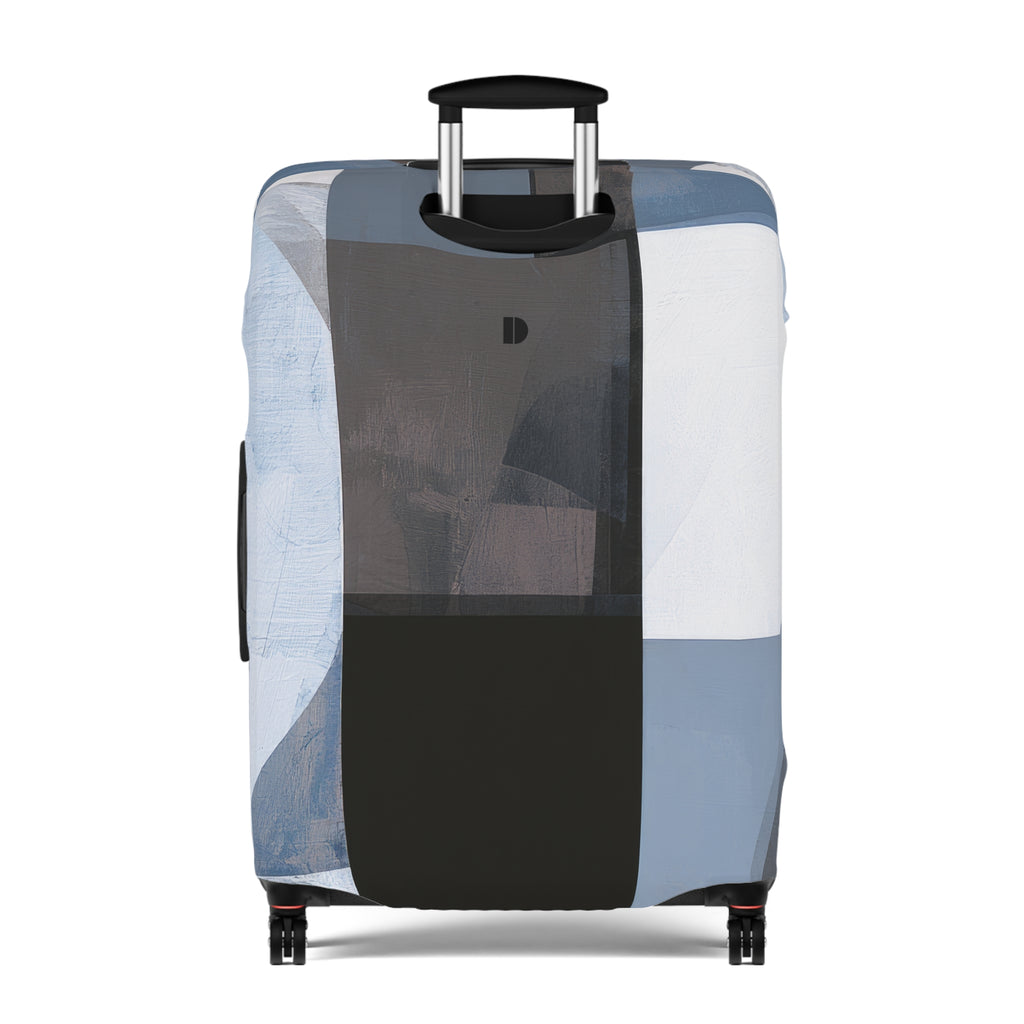 A hard-shell suitcase with an abstract geometric patterned protective cover, featuring vertical panels of light blue, white, gray, and black, with a telescoping handle extended on a white background.