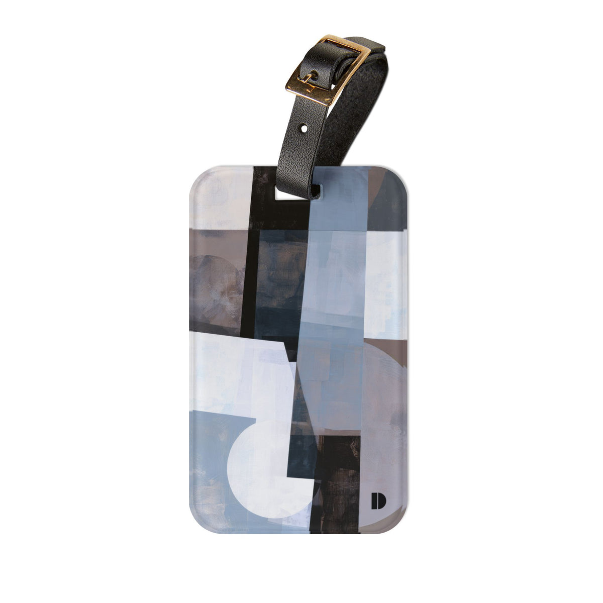 A rectangular luggage tag with rounded corners featuring an abstract geometric pattern in shades of blue, gray, white, and black. It is equipped with a black leather strap and a gold-tone metal buckle, shown against a plain white background.
