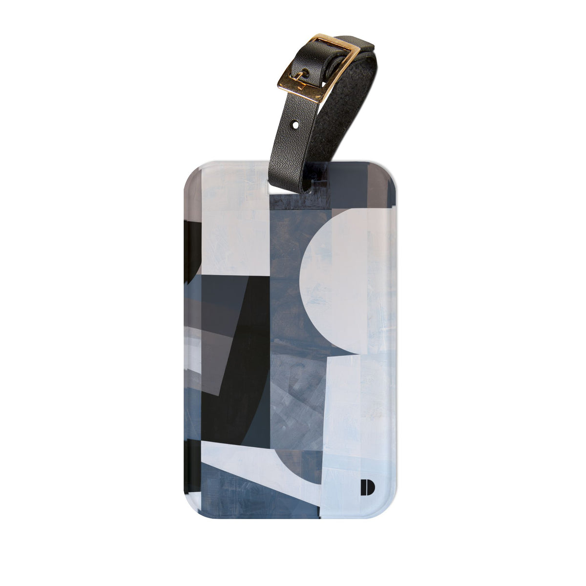 A rectangular luggage tag with rounded corners, featuring an abstract geometric pattern in shades of blue, gray, black, and white. It has a black leather strap attached at the top with a gold-tone metal buckle.