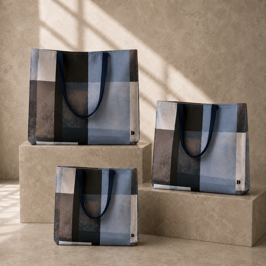 Three tote bags in matching sizes with a muted blue, gray, brown, and white patchwork pattern and dark navy handles, displayed on beige pedestals against a textured beige wall with soft window shadows.