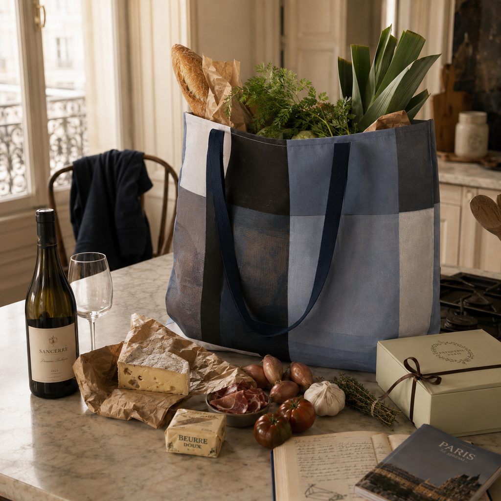 A large reusable tote bag filled with groceries, including bread, greens, and a baguette, sits on a kitchen counter alongside a wine bottle, wine glass, cheese, salami, garlic, tomatoes, and a gift box. The tote has a muted patchwork design in blue, gray, beige, and navy tones.