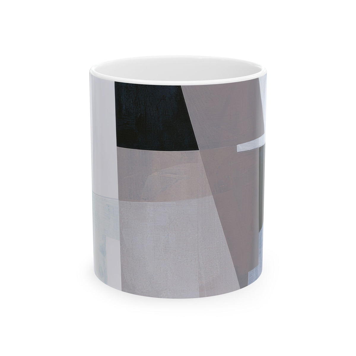 White ceramic mug showcasing a detailed front view of its abstract wrap-around pattern, highlighted by large textured panels of taupe-gray and pale lavender-gray intersecting with a sharp black angular block. Ceramic mug titled 'Slate and Blue No. 02', available in 11oz and 15oz sizes.
