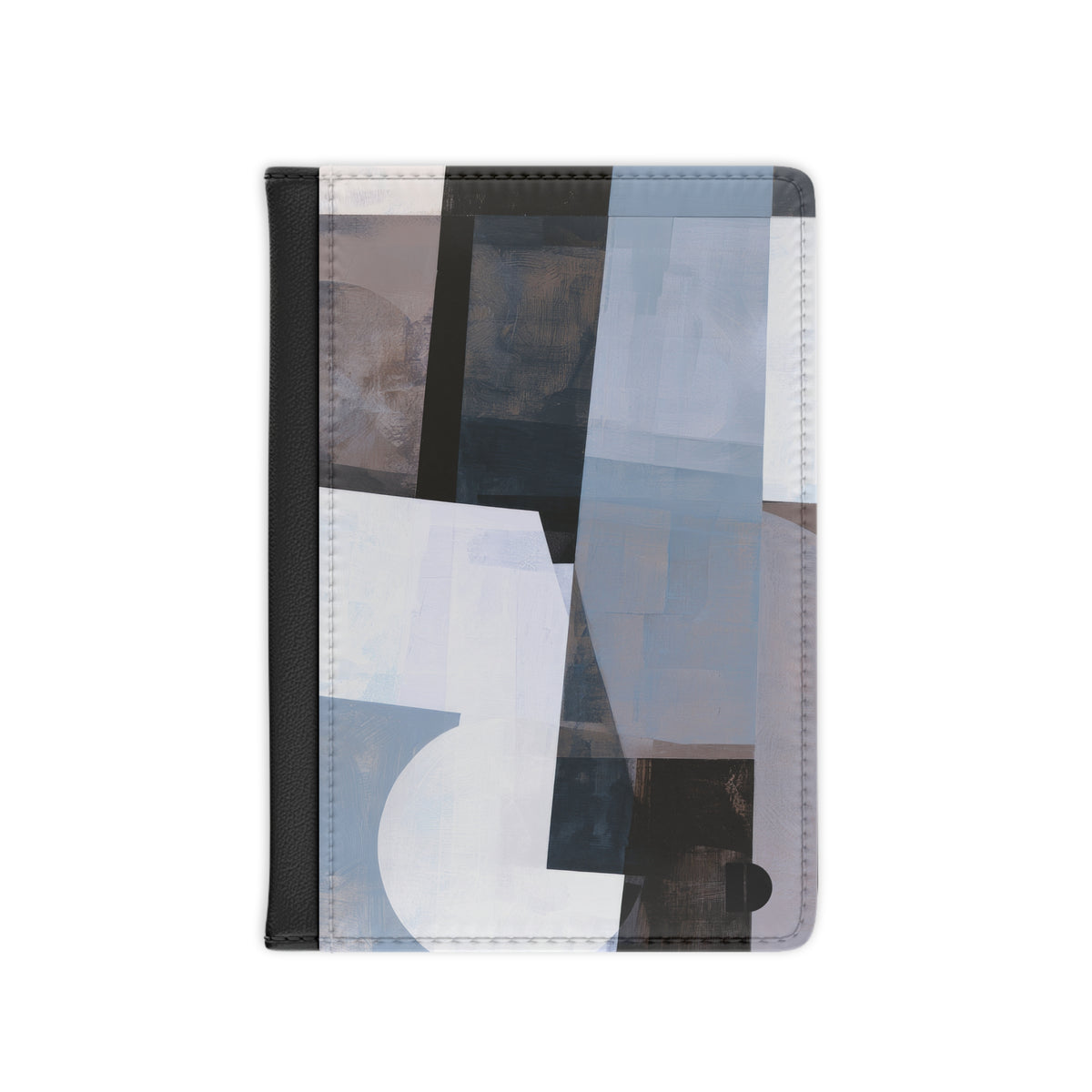 A passport cover featuring an abstract geometric pattern in shades of blue, gray, white, and black, with a solid black spine band.