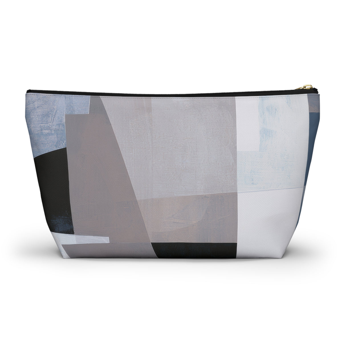A zippered cosmetic pouch with an abstract geometric print in shades of gray, white, black, and light blue, shown on a plain white background.