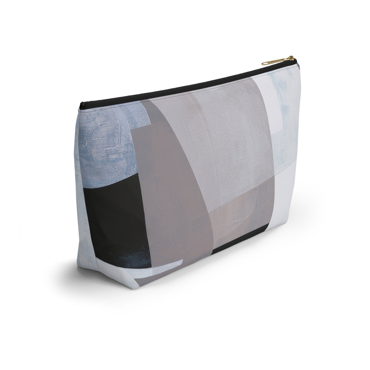 An abstract geometric zippered pouch featuring a modern design with blocks of gray, white, light blue, and black, complete with a gold zipper pull, shown on a white background.